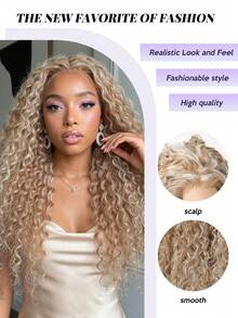 Tóc giả nữ 13x4 Lace Front 22 inch màu vàng tro highlight, tóc dài xoăn, sợi mềm chân thực chịu nhiệt, nhẹ thoáng khí, chống rối, thân thiện với da, phong cách thanh lịch cho đi làm văn phòng, tiệc tùng, sinh nhật, Giáng sinh, Halloween, quà tặng lễ hội - Làm nổi bật tóc vàng - Xem 8