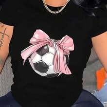 Camiseta de mujer con lazo R fútbol   camiseta de manga corta patrón flor versión convencional camiseta pro piel transpirable, suave y cómoda tela cómoda adecuada para cuatro estaciones con blusa casual de cuello redondo adecuada para el uso diario - negro - Ver 8