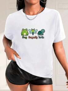 Cute Short-Sleeve Blouses With Cute Animal Prints, White T-Shirt With Frog, Dragonfly, Turtle, Cartoon Clothing, Casual Summer Clothes For Women, Cotton, Casual Blouses For Women, 100% Cotton - 白色的 - 查看 1