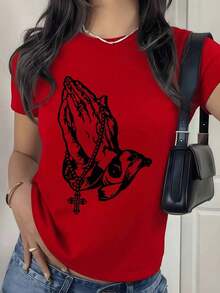 2026 New Cotton Shirt - 100% Cotton. Hands Joined In Prayer Holding A Rosary Symbolizing Faith, Hope, And Inner Peace, Reflecting The Soul's Spiritual Connection. Women's T-Shirt. Soft And Comfortable Cotton. Women's Simple Solid Color Shirt, Loose And Casual Short Sleeve - 黑色 - 查看 9