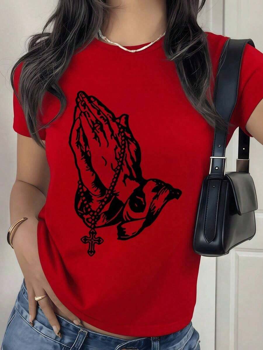 2026 New Cotton Shirt - 100% Cotton. Hands Joined In Prayer Holding A Rosary Symbolizing Faith, Hope, And Inner Peace, Reflecting The Soul's Spiritual Connection. Women's T-Shirt. Soft And Comfortable Cotton. Women's Simple Solid Color Shirt, Loose And Casual Short Sleeve - 紅色的 - 查看 1
