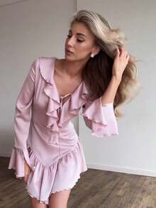 Elegant Short Dress 2026 With Ruffles, Fitted V-Neck And Bow, Sweet Style For Party - Pink - View 6