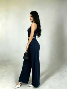 2-Piece Set Of Tank Top And Solid-Color Pants For Casual Holiday Wear - Navy Blue - View 5