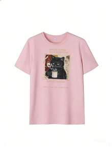 Black Cat T-Shirt With "Before Coffee / After Coffee" Text, Fashionable Short-Sleeve T-Shirt For Spring/Summer 2026, Made In Mexico, 180 Grams. Cartoon Print, Couple Design, Suitable For Indoor Or Outdoor Wear. Crew Neck, Unisex, Ideal For The Office And Leisure. One-Pack. - PK-P631577SLNDXZGY625 - 查看 4