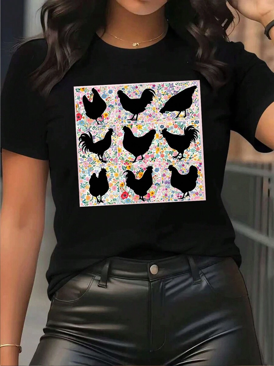| Exquisite Design | Loose And Comfortable | Easy To Match | Women's Rustic Style T-Shirt With Rooster And Flower Print, Pure Cotton Summer T-Shirt With Round Neck, Casual Short Sleeve Top, Unique Design For Everyday Wear, Loose Fit, Breathable And Soft, Ideal For Vacation. - 黑色 - 查看 1