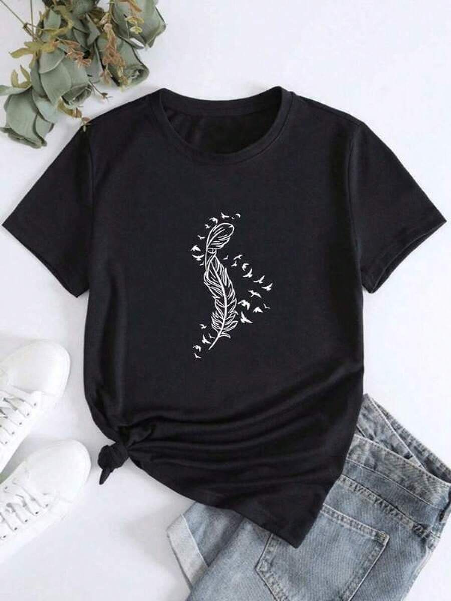 Camiseta negra informal de manga corta con cuello redondo para hombre,Camisetas Para Mujer T-shirt única con diseño creativo de mujer en hojas y aves en color negro estilo y2k perfecta para amantes de la moda contemporánea ideal para cualquier ocasión destaca tu personalidad con esta prenda esencial y atrévete a lucir un look auténtico atractiva y cómoda - Negro - Ver 1
