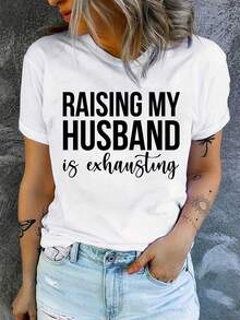 Women's Casual Sports T-Shirt In White With Bold Black Text - Elastic Crew Neck T-Shirt, Machine Washable, Comfortable Fit For All Seasons, Perfect To Pair With Denim Shorts And A Tattoo Lifestyle. - 白色 - 查看 1