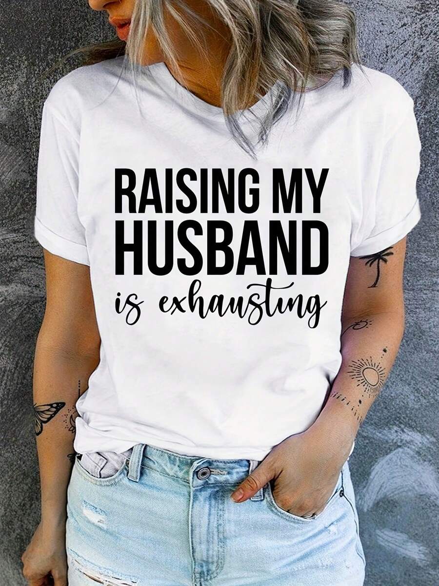 Women's Casual Sports T-Shirt In White With Bold Black Text - Elastic Crew Neck T-Shirt, Machine Washable, Comfortable Fit For All Seasons, Perfect To Pair With Denim Shorts And A Tattoo Lifestyle. - 白色 - 查看 1