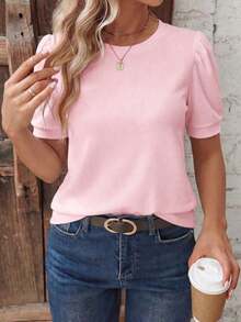 Camiseta básica de talla grande con cuello redondo, manga corta tipo globo, estampado de leopardo en color negro sobre base de color café, de estilo retro y casual - Rosa - Ver 1