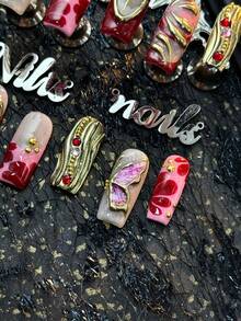 Set de 10 piezas de uñas cuadradas de cobertura completa hechas a mano, que incluye uñas rojas, uñas francesas rosas, patrones florales pintados a mano en rosa y rojo - Rojo - Ver 6