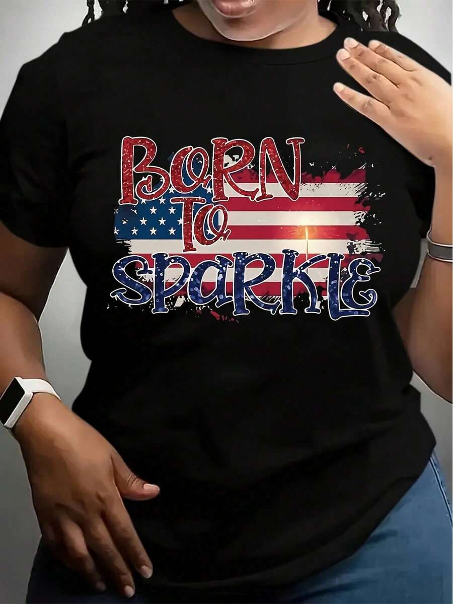 Plus Size T-Shirt With Natural Glitter American Flag, With Glitter Text And Shimmering "USA" Inscription, Soft Round Neck And Short Sleeves, Lightweight And Breathable, Suitable For July 4th Independence Day, Casual Wear, Ideal For July 4th Independence Day. - 黑色 - 查看 1