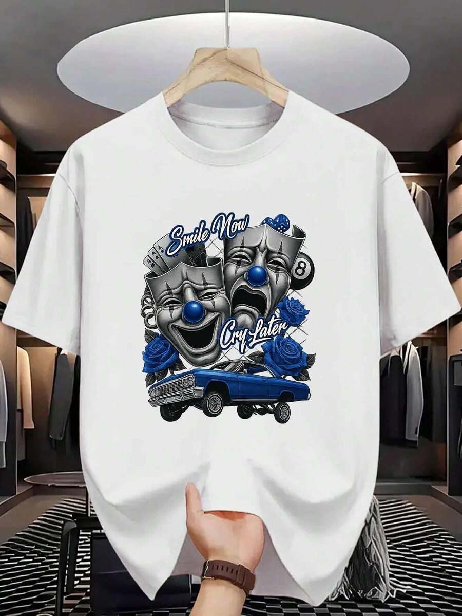 Men's Low-Rise T-Shirt With Comedy And Tragedy Mask Print "Laugh Now, Cry Later" - Short-Sleeve Crew Neck T-Shirt, 100% Cotton 200g Weight, Casual Urban Style, Plus Size, Suitable For Men, Machine Washable - Plus Size - 白色 - 查看 1
