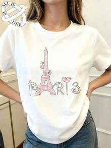 ALL IS ONE Pure Cotton Women's Casual Loose Fit Elastic Breathable T-Shirt Vintage Streetwear Eiffel Tower Paris Heart Pattern Round Neck Premium Quality Spring/Summer Fashion Short Sleeve - 白色的 - 查看 7