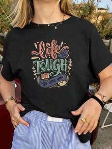 Women's Casual Graphic Print T-Shirt, Made Of Soft Cotton, Round Neck, Relaxed Fit, Comfortable And Casual. - 黑色 - 查看 1