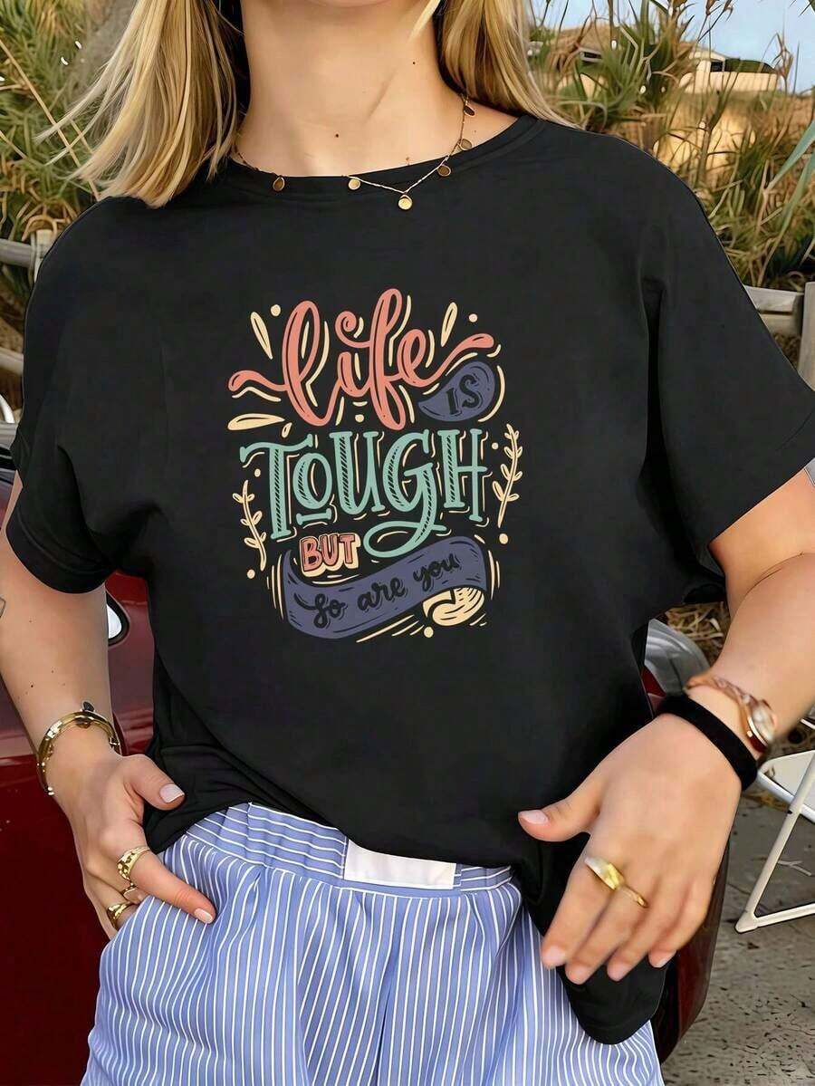 Women's Casual Graphic Print T-Shirt, Made Of Soft Cotton, Round Neck, Relaxed Fit, Comfortable And Casual. - 黑色 - 查看 1