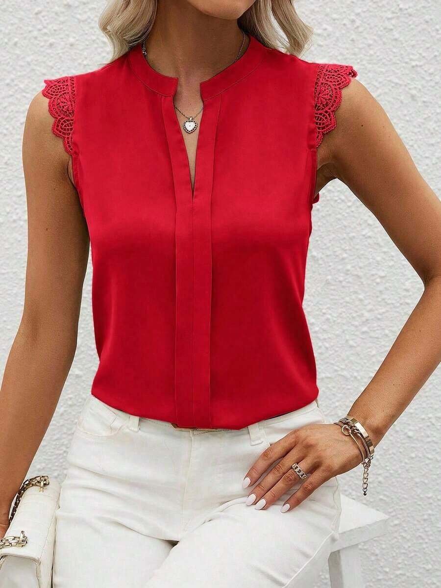 Clasi Camisa de mujer sin mangas de unicolor con cuello en V elegante y parche de encaje, verano - Rojo - Ver 1