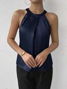 Privé Blusa de satén sin mangas con cuello de volantes de unicolor elegante para la oficina y el trabajo, color champán - Azul marino - Ver 5