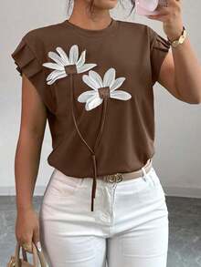 Camiseta de mujer con flores tridimensionales lindas y contrastantes para verano y otoño - Marrón - Ver 5
