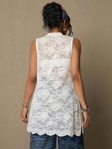 Freevana Blusa sin mangas con estampado floral vintage bohemio y encaje, talla grande, nueva llegada de primavera, adecuada para el Día de San Valentín, festivales de música - Blanco - Ver 2