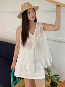Plus Blusa de mujer talla grande sin mangas con cuello en V y espalda descubierta con lazo para vacaciones y fiestas en la playa - Blanco - Ver 9