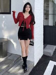 Cárdigan rojo con volantes para el Día de San Valentín de las mujeres, ropa de otoño - Rojo - Ver 2