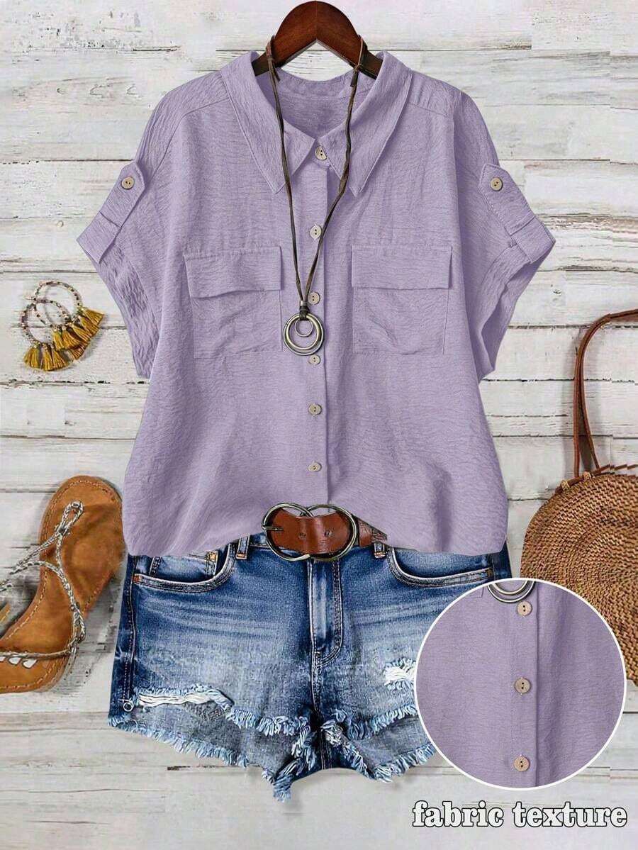 Camisa casual de moda cómoda para mujer de talla grande, de unicolor, con cierre de botones completo, cuello de solapa, manga corta y bolsillos dobles - Morado - Ver 1