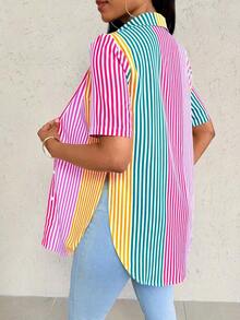 Camisa de mujer de manga corta, ajuste ceñido, con dobladillo curvo dividido, unicolor minimalista, para uso diario y casual en verano - Multicolor 2 - Ver 2