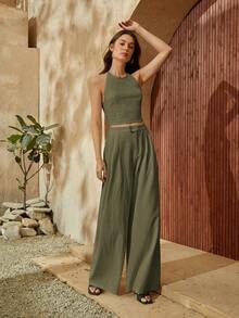 trasero de espalda abierta Top halter & Pantalones de pierna ancha - Verde militar - Ver 7