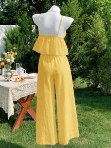 2 piezas de top de tirantes y pantalones de lino de verano para mujeres - Amarillo - Ver 4