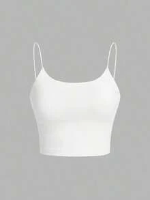 Camiseta de tirantes finos de un solo color simple, uso casual de todos los días para mujeres - Blanco - Ver 6