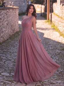 Elegante vestido formal de punto de un solo hombro, diseño plisado largo y elegante, adecuado para dama de honor o eventos formales como bodas - Rosa vieja - Ver 3