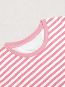 Camiseta casual de cuello redondo a rayas de manga corta, camiseta para mujer de talla grande, verano - Rosa - Ver 4