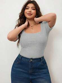 Camiseta de manga corta de cuello cuadrado de ajuste ceñido y elástica para mujer de talla grande, camiseta primavera y verano amigable con la piel, compatible con curvas redondeadas del Body, compatible con la forma del Body redondeada de Apple/20 - Gris Claro - Ver 5