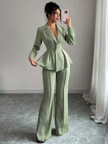 con cintura ceñida elegante, pantalones slim con vuelo de moda para ir al trabajo, atuendo para vacaciones/citas, Día de la Independencia, atuendo de maestra para mujeres - Verde - Ver 3