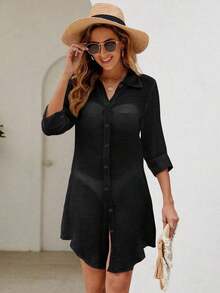 Swim Vcay Kimono unicolor con botón delantero bajo curvo - Negro - Ver 3