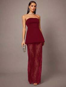 de 2 piezas que incluye top corto con corpiño y falda mini con dobladillo de encaje en estilo A-line, color negro, adecuado para citas, graduaciones, conciertos, vestidos de dama de honor, bodas, ocasiones románticas, estilo minimalista, conju - Burdeos - Ver 1