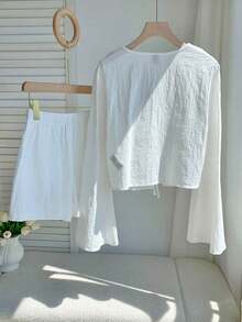 Conjunto de blusa con amarre al frente y shorts con estampado de anacardo para mujer, en estilo bohemio - Blanco 3 - Ver 2