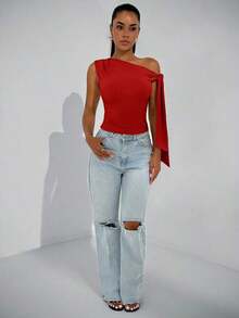 Elegante blusa de mujer con hombros asimétricos y cuello con lazo, adecuada para citas casuales, fiestas nocturnas, uso diario, otoño - Rojo - Ver 3