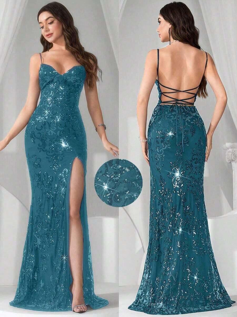 Vestido de noche con abertura alta en el muslo, con lentejuelas y diseño de patchwork, con espalda descubierta y silueta de sirena para mujer - lago azul - Ver 1