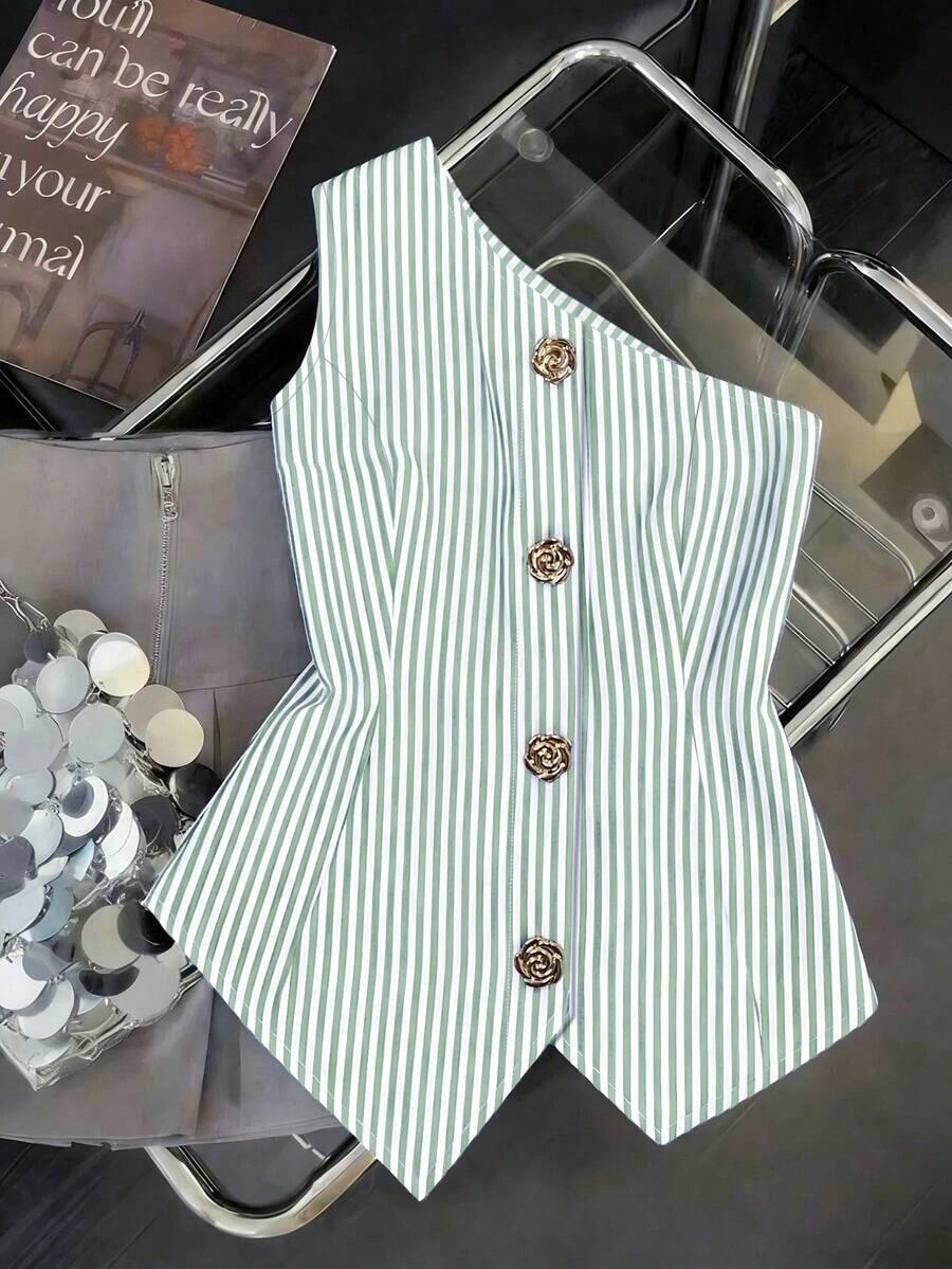 CURVE Una blusa de mujer de verano de gran tamaño, de estilo casual y con rayas tejidas - Verde - Ver 1