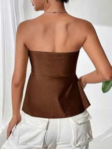 Top bandeau plisado de unicolor para vacaciones de mujer - Marrón Chocolate - Ver 2