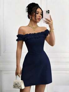 Vestido romántico con hombros descubiertos y volantes en la cintura para mujeres - Azul marino - Ver 1