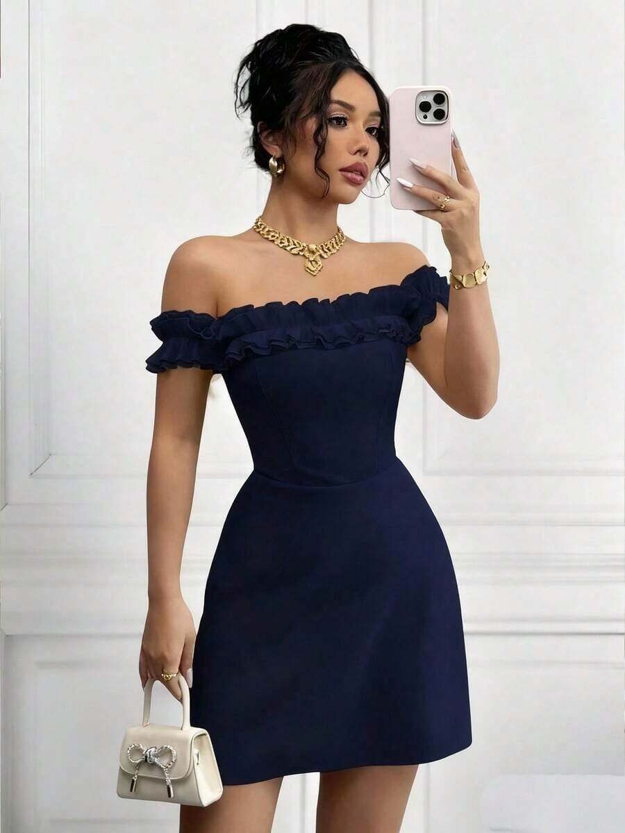 Vestido romántico con hombros descubiertos y volantes en la cintura para mujeres - Azul marino - Ver 1