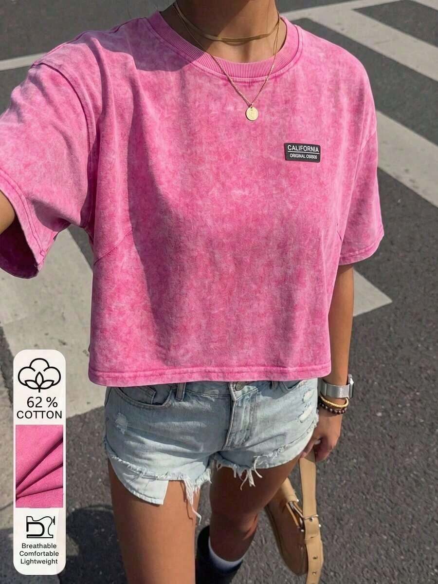 Camiseta básica de manga corta de 100% algodón lavado, verde oliva - Rosa - Ver 1