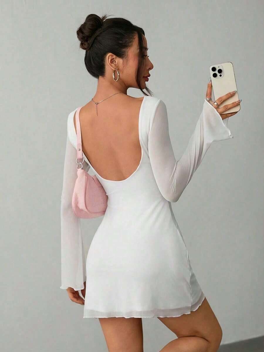 Vestido de malla con mangas de trompeta y espalda descubierta, nuevo y sexy para principios de otoño - Blanco - Ver 1