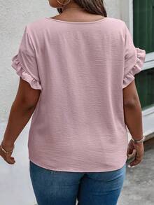 Blusa casual con cuello redondo, mangas con volantes y estampado floral para mujer de talla grande - Rosa - Ver 2