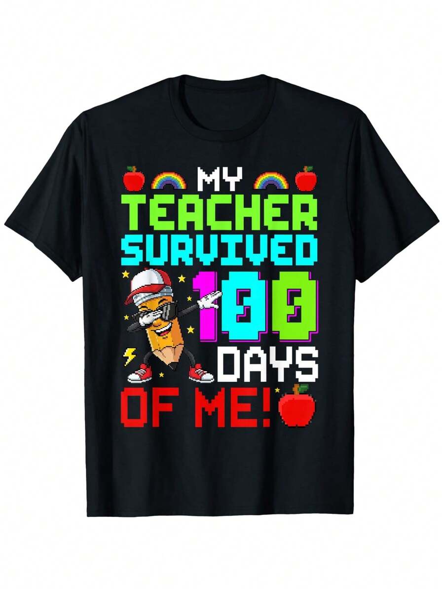 As A Teacher, I've Survived 100 Days Of School Fun. 100 Days T-Shirt For Men And Women. | Regular Casual Fit, Crew Neck, Printed Design, Suitable For All Seasons, Soft Black Unisex Fabric, Very Suitable For Adults. - 黑色 - 查看 1