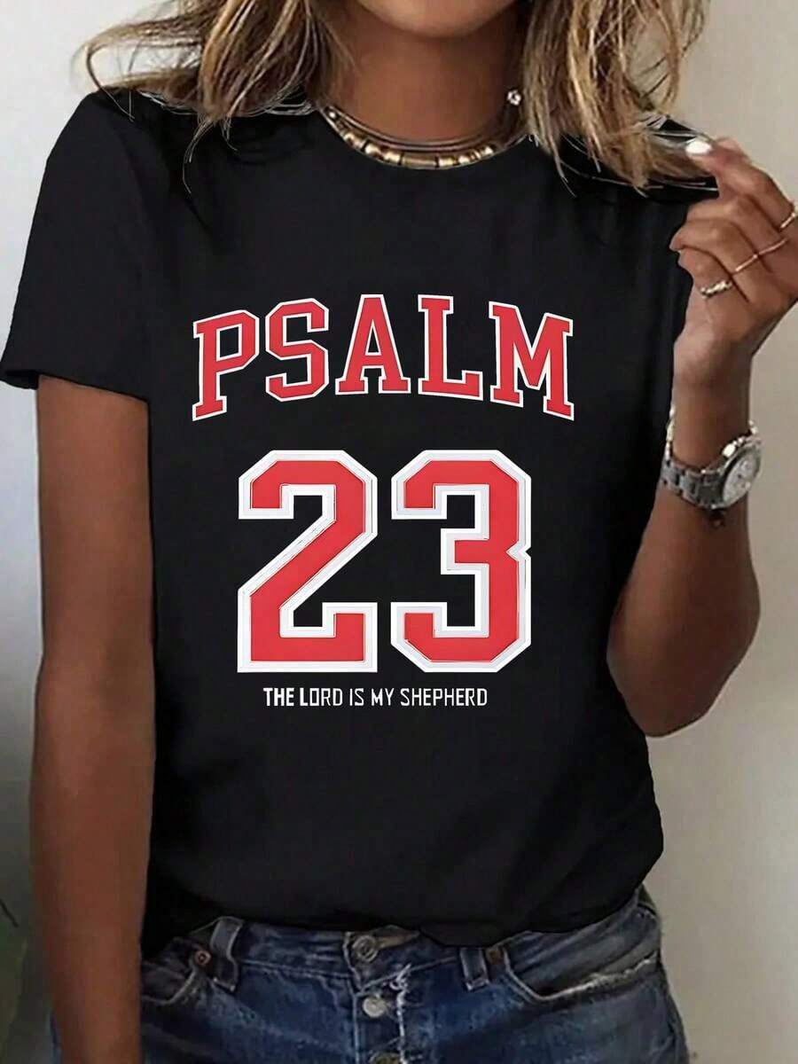 Women's T-Shirt With Christian Bible Verse - Pastor And Lord Design From Psalm 23 - Black With Red Lettering - Soft Casual T-Shirt For Everyday Wear - Church Clothing, Religious Gifts - Machine Washable Faith Clothing, Spiritual Fashion, Bold Print T-Shirt, Breathable Material, Faith Clothing, Faith Community - 黑色 - 查看 1