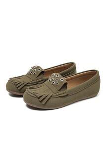 Green Tassel Rivet Decor Flat Round Toe Casual Comfortable Versatile Lightweight Daily Office Vacation Slip-On Shoes For Women, All Season - Olive Green - View 5