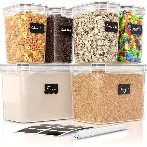 Set Of 6 Simple Gourmet Airtight Food Storage Containers -Flour And Sugar Canisters For Pantry Storage And Organization - Marker & Labels Included